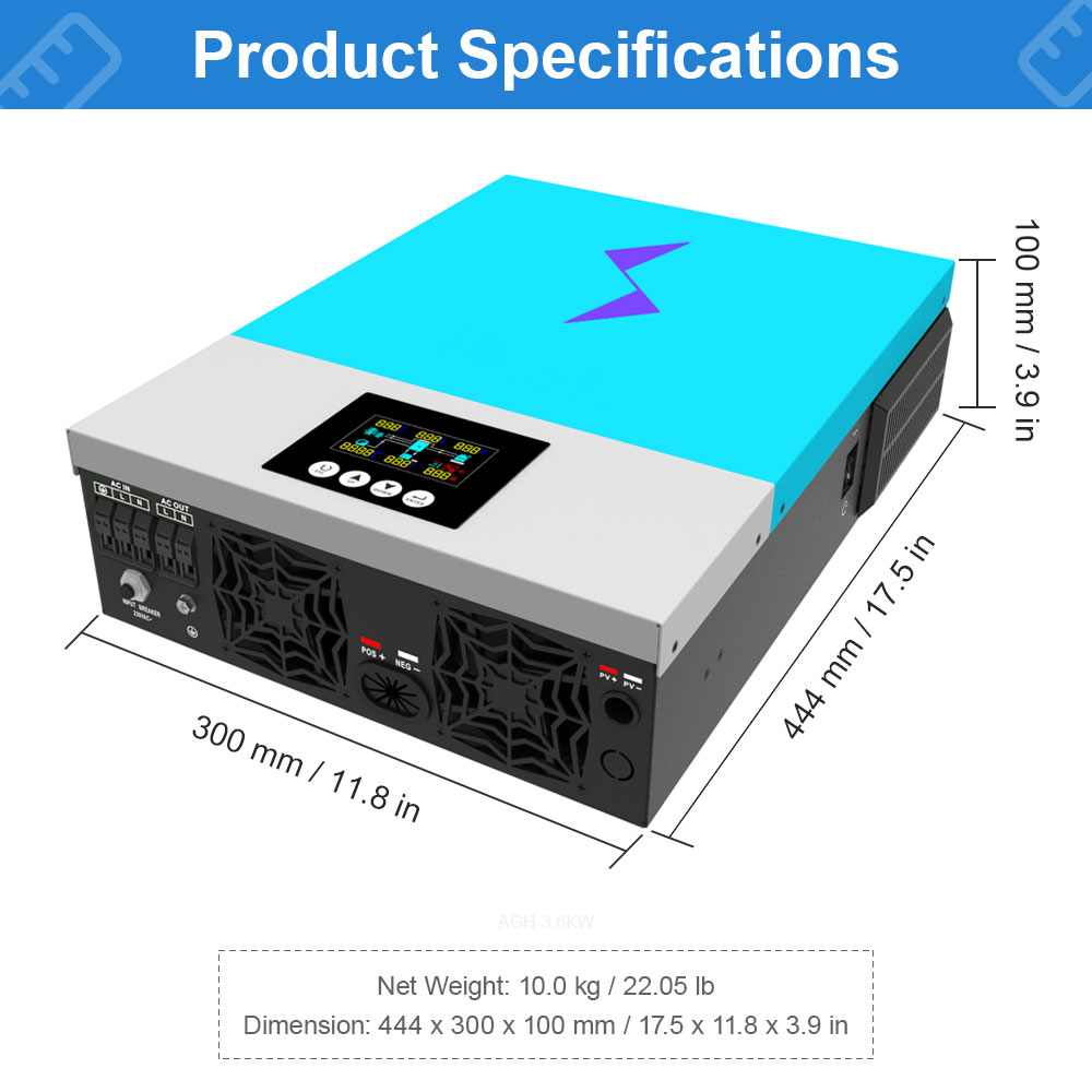 Daxtromn Hybrid Solar Inverter 3600W 2 AC Out Put 24v Battery 120A DC 6000w PV Input 120VDC-450VDC Input