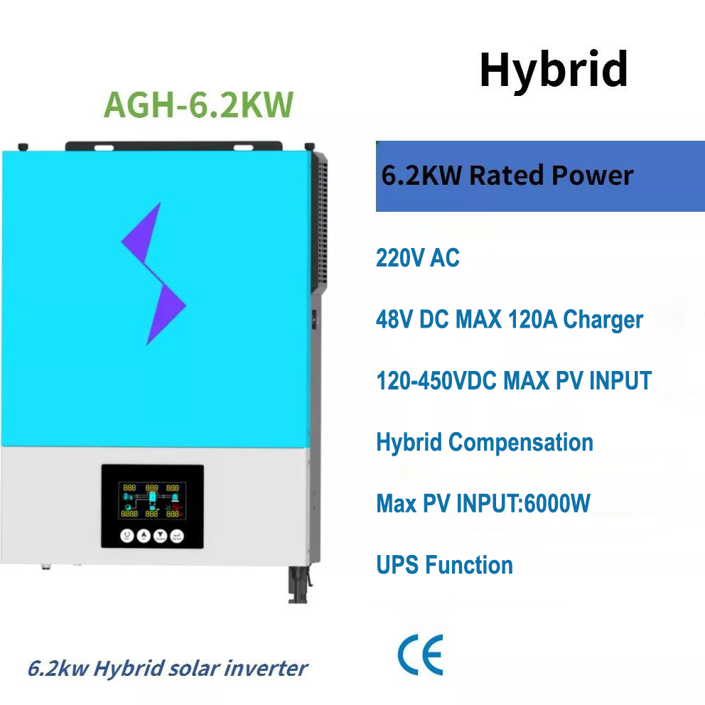 6.2KW Hybrid Solar Inverter Pure Sine Wave 220VAC Output 248VDC Input 120A MPPT Solar Charger Controller hybrid  Compensation