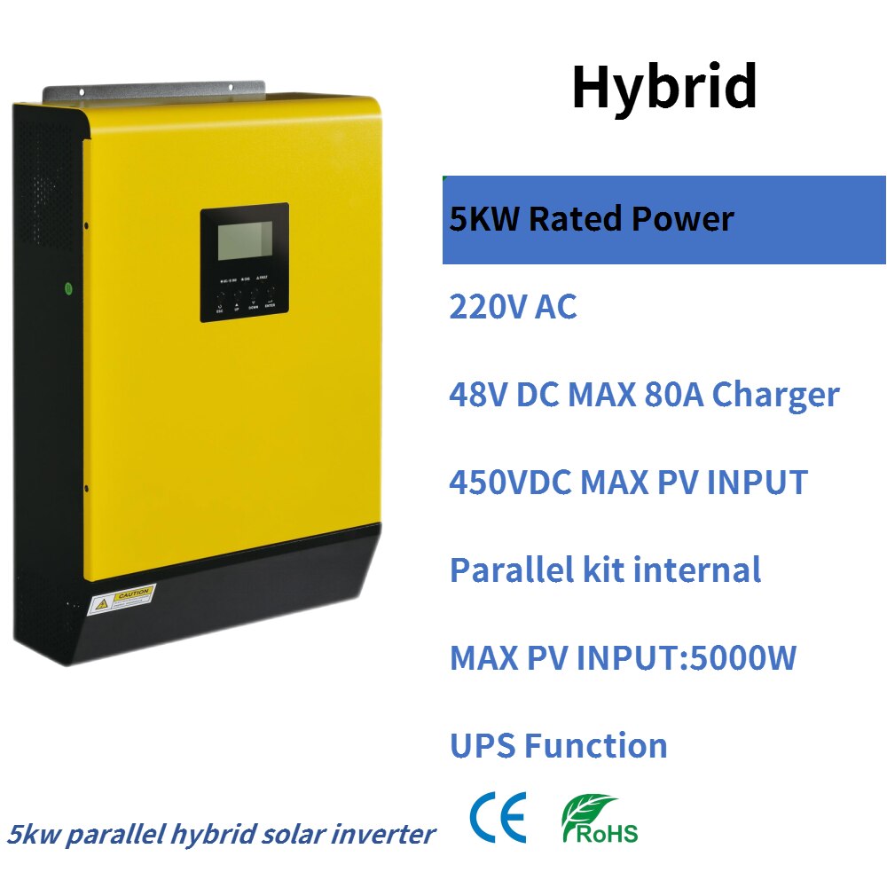 5KW 48V 230V Hybrid Solar Inverter 450Vdc 5000w PV MPPT Solar Charger 80A Battery Charger Parallel kit internal Grid feedback