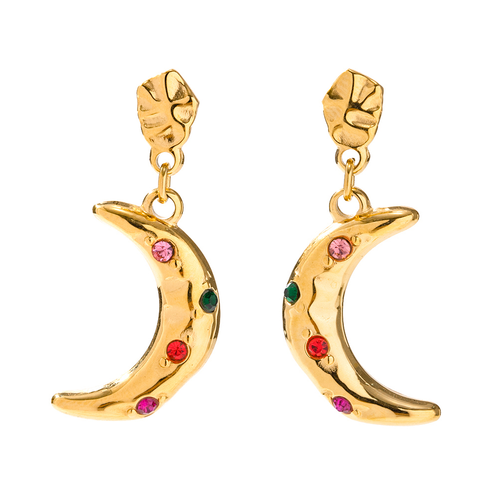 Stainless Steel 16K Gold Plate Earrings Jewelry Cubic Zirconia Moon Pendant Earrings for Girls