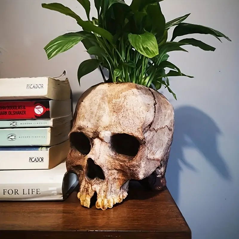 💀Resin Skull Planter, Halloween Decoration Gothic  Head Flower  Pot Carved，1 set artware🎃