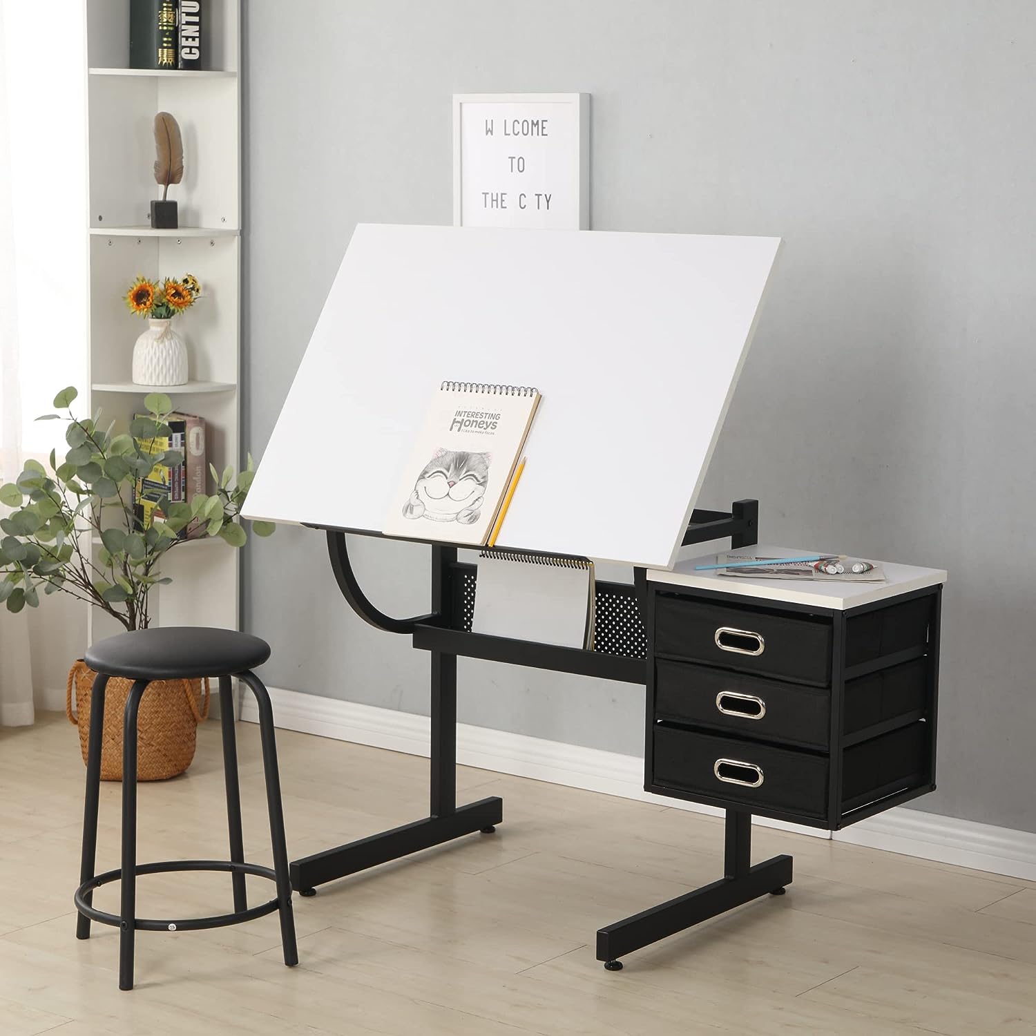 LAEKER Adjustable Drafting Drawing Table with Stool and 3 Drawers-White