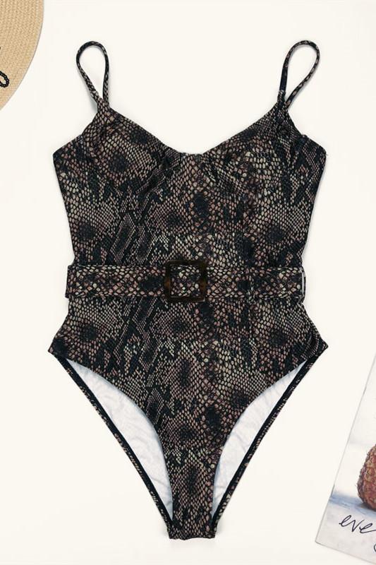 High Cut Python Pattern Buckle One Piece Swimsuit