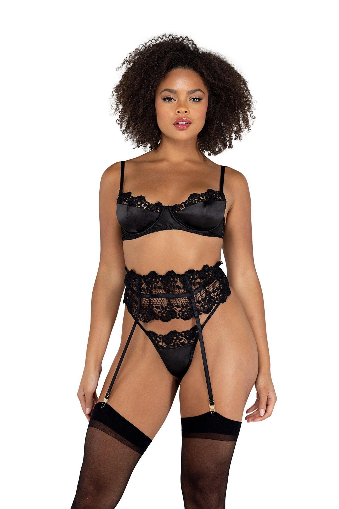 Roma 3PC Embroidered Lace Gartered & Open Cup Bra Set Roma Confidential