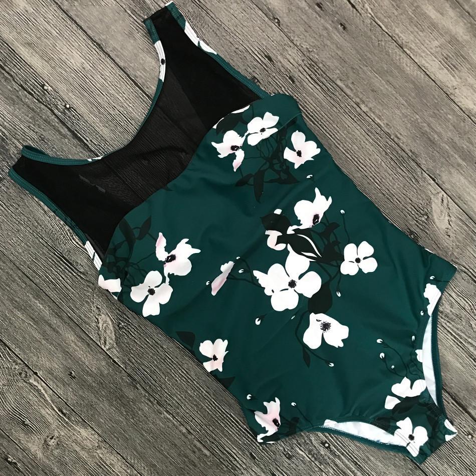 Mesh Bandage Floral OnePiece Swimsuit