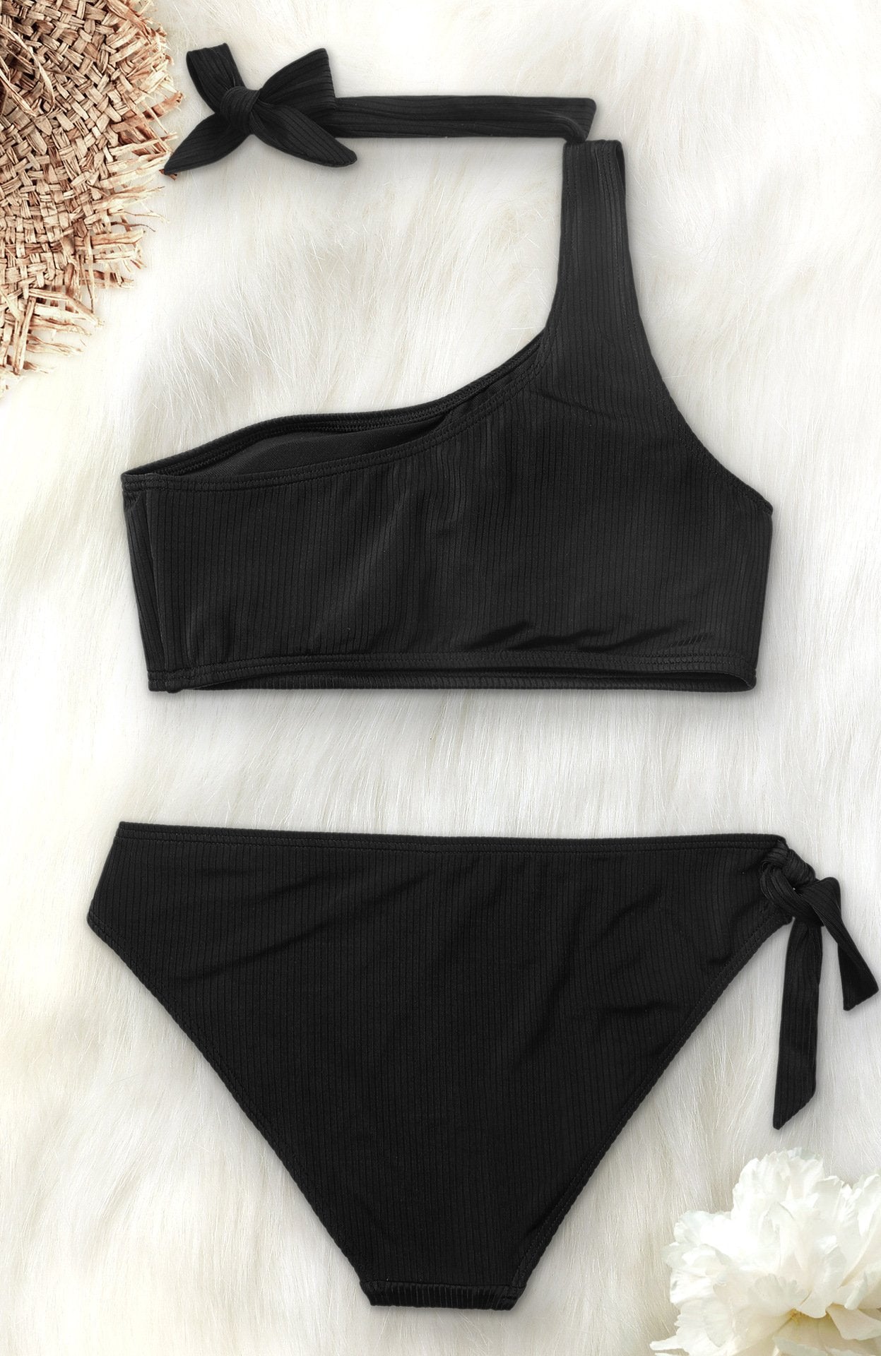 One Shoulder High-Waisted Bikini Set With Golden Buckle Details - Black