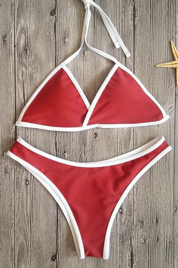 Pure Color Spaghetti Strap Bikini Set