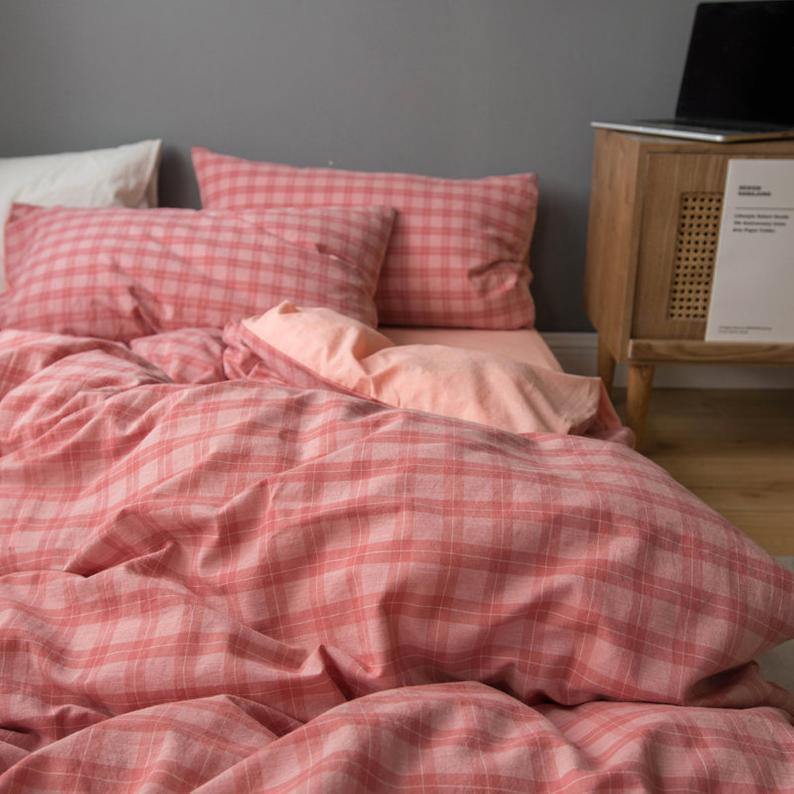 Plaid Bedding Set Pink