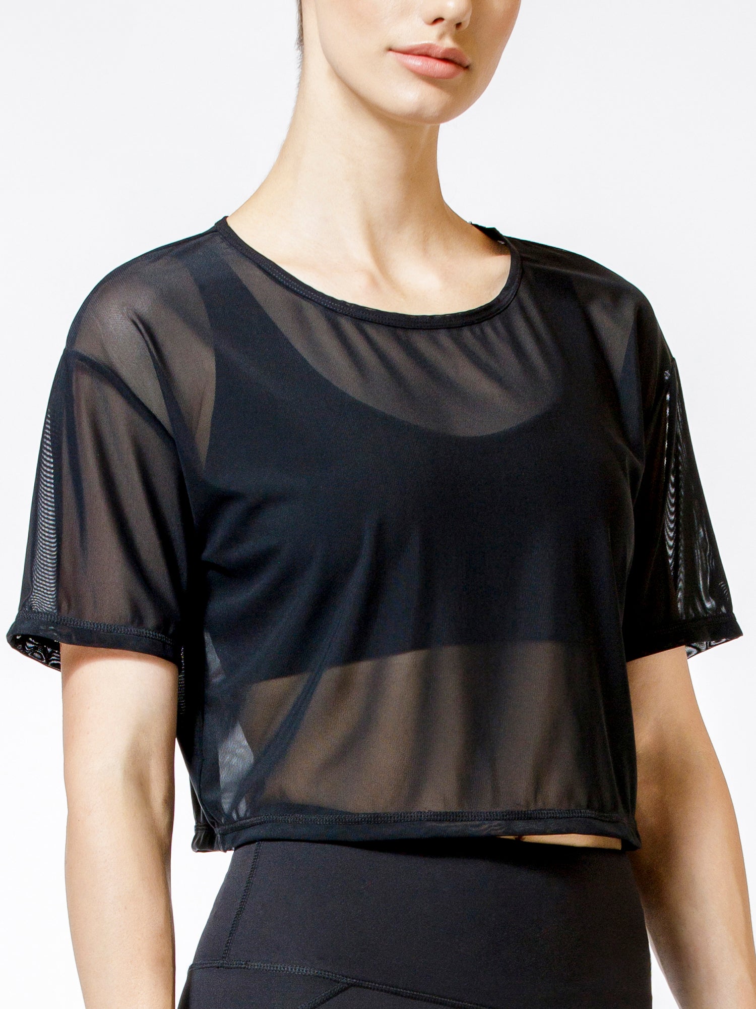 CROPPED MESH TEE, BLACK MESH