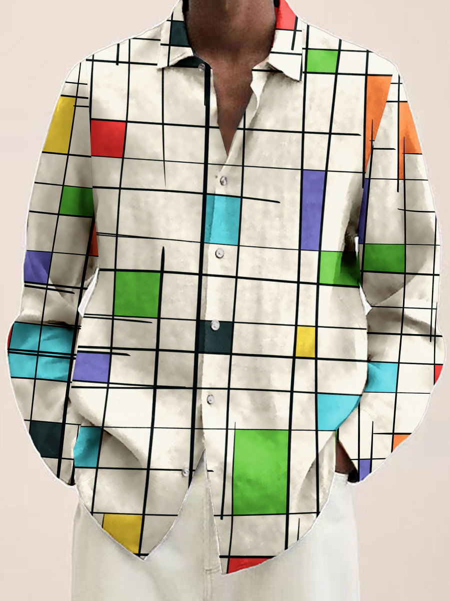 Men's Rainbow Plaid Art Print Button Down Long Sleeve Shirt