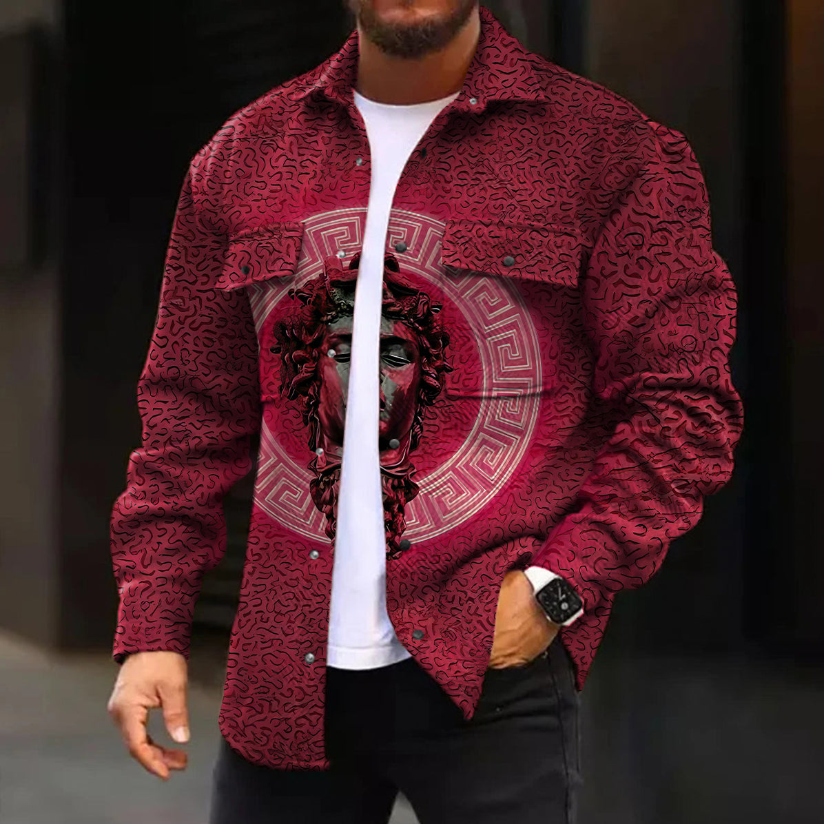 Men's Casual Jacket Fashion Gradient Green Art Sculpture Pattern Printed Long Sleeve Pocket Jacket