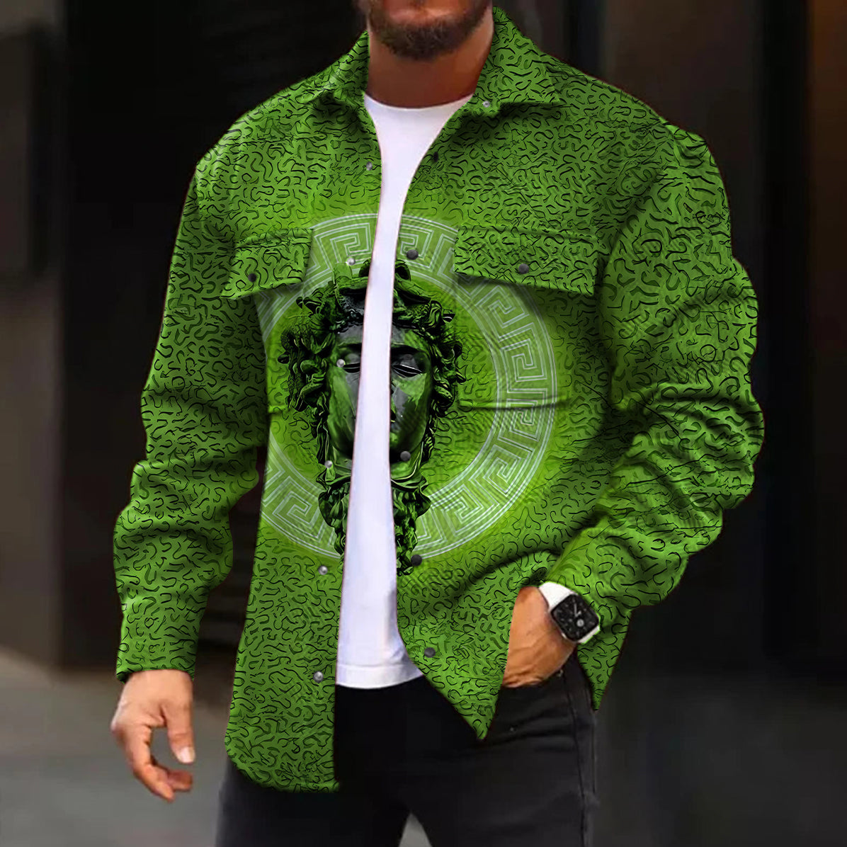 Men's Casual Jacket Fashion Gradient Green Art Sculpture Pattern Printed Long Sleeve Pocket Jacket