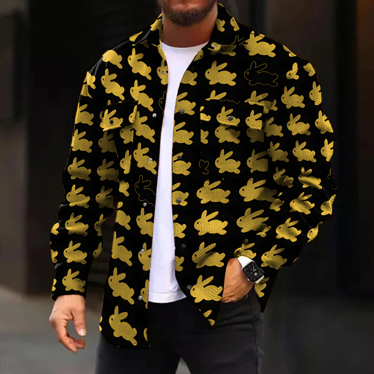Men's Casual Jacket Gold Rabbit Print Long Sleeve Pockets Jacket