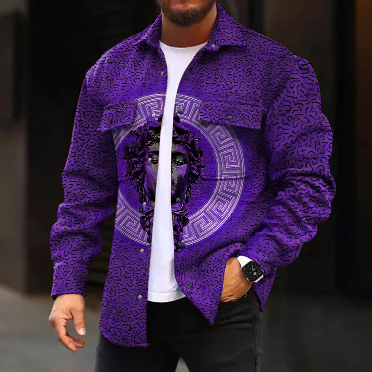 Men's Casual Jacket Fashion Gradient Green Art Sculpture Pattern Printed Long Sleeve Pocket Jacket