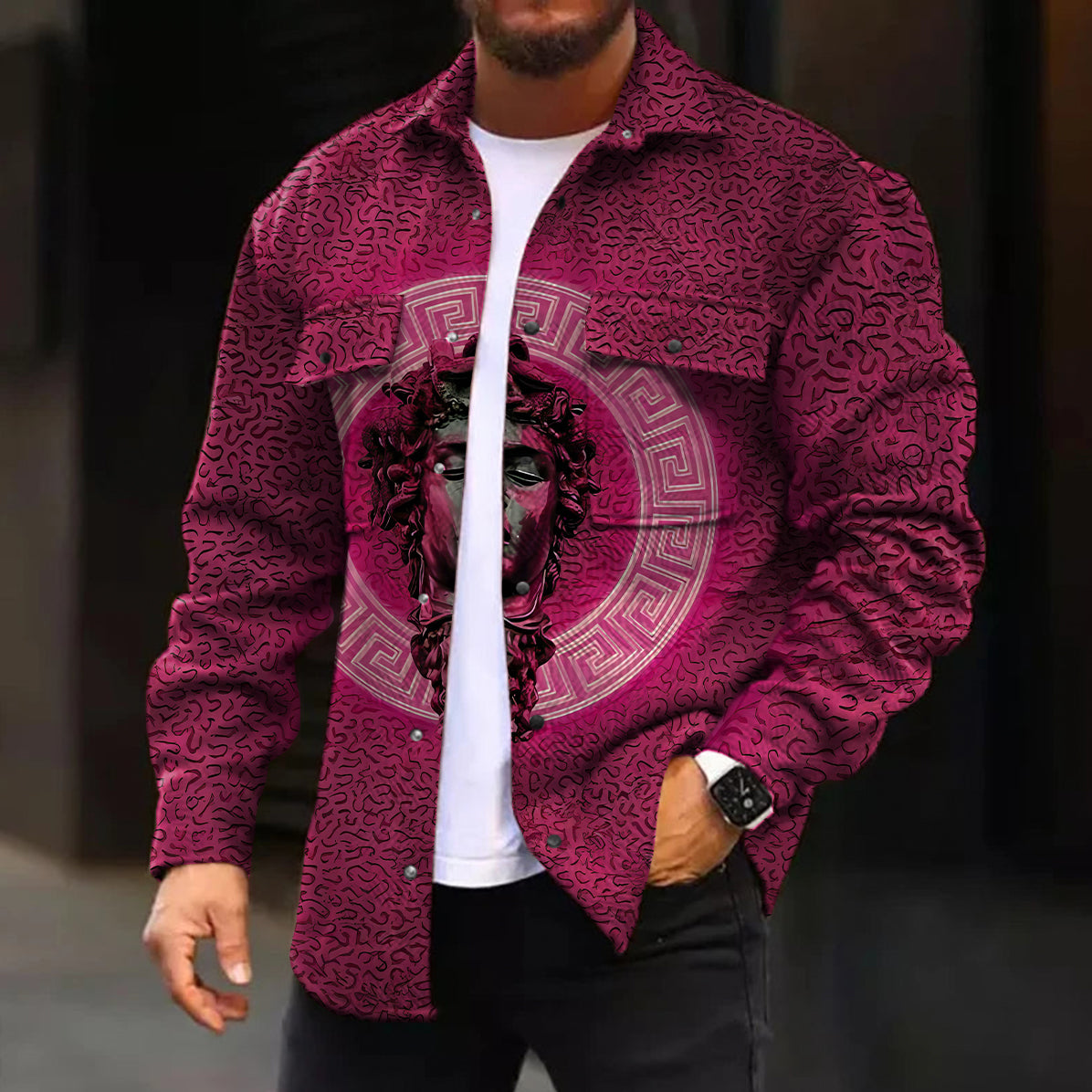 Men's Casual Jacket Fashion Gradient Green Art Sculpture Pattern Printed Long Sleeve Pocket Jacket