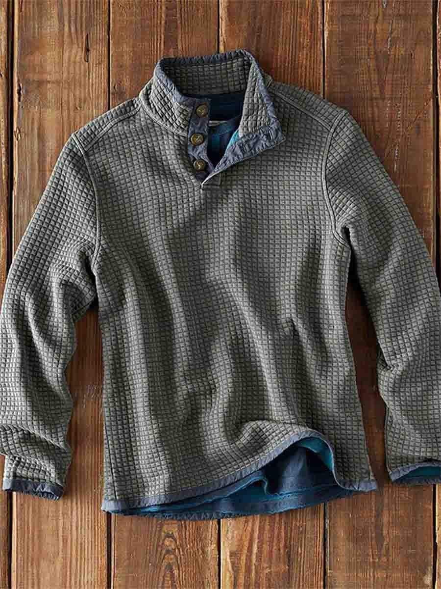 Men's Waffle Polo Solid Color Print Waffle Long Sleeve Button Polo