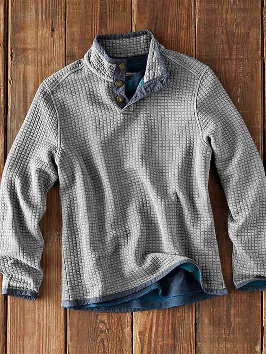 Men's Waffle Polo Solid Color Print Waffle Long Sleeve Button Polo