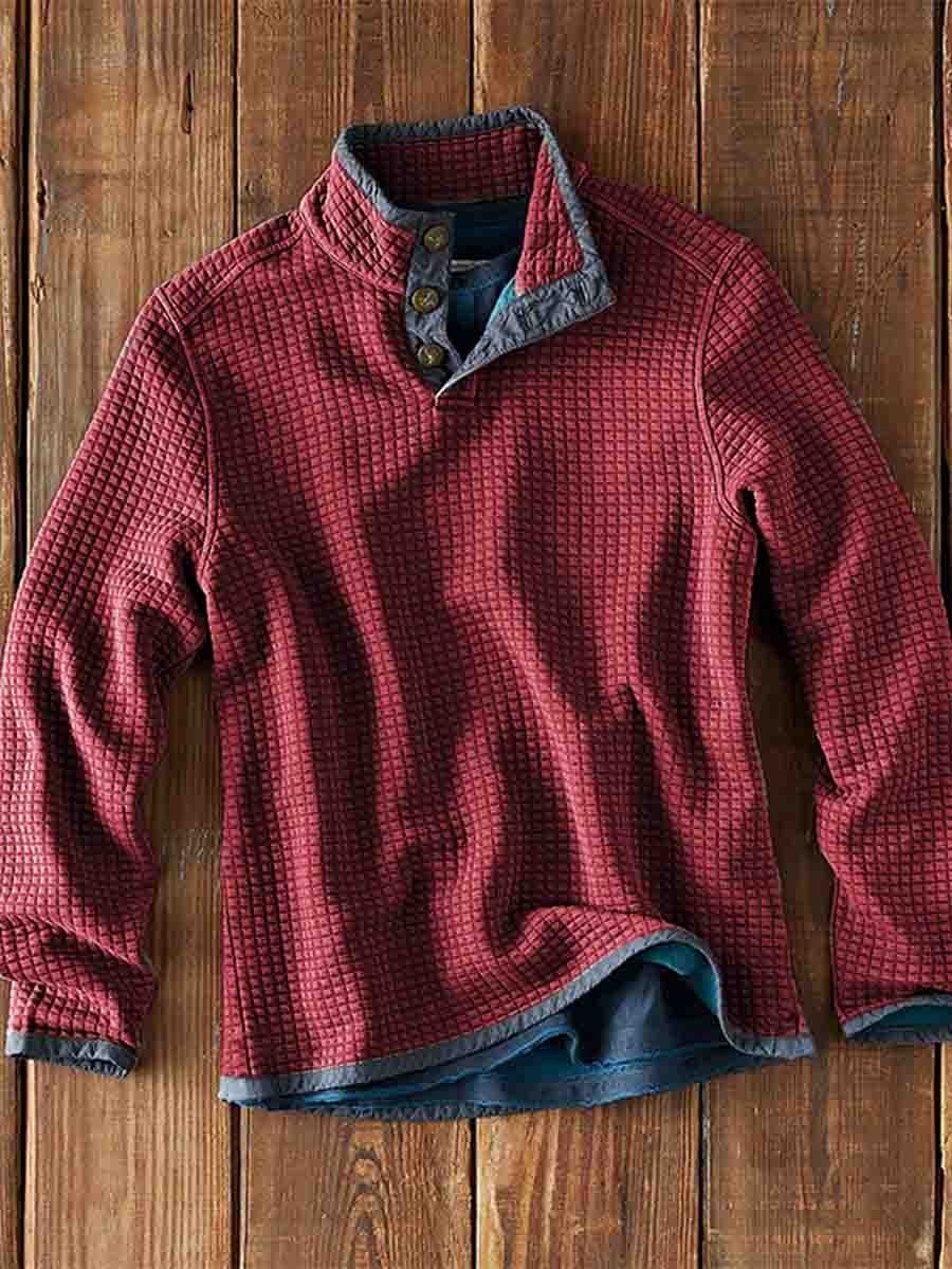 Men's Waffle Polo Solid Color Print Waffle Long Sleeve Button Polo