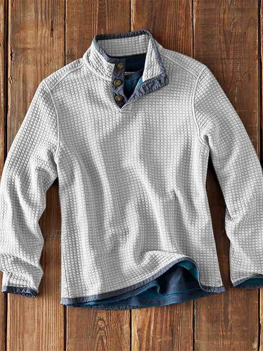 Men's Waffle Polo Solid Color Print Waffle Long Sleeve Button Polo