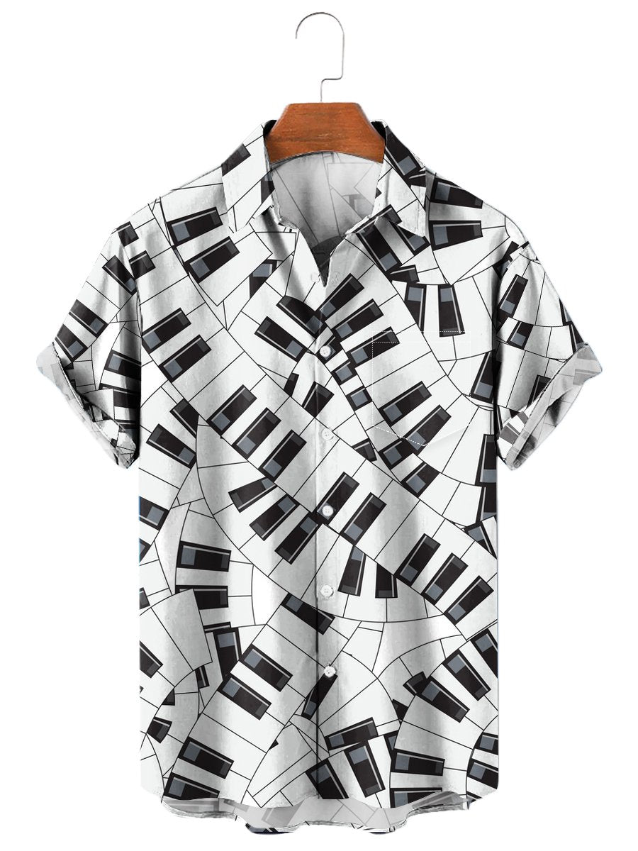 Men's Hawaiian Shirts Vintage Piano Music Print Chest Pocket Short Sleeve Shirt