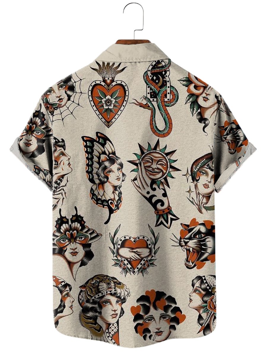 Men's Hawaiian Shirts Vintage Tattoo Beauty Animal Print Aloha Shirts