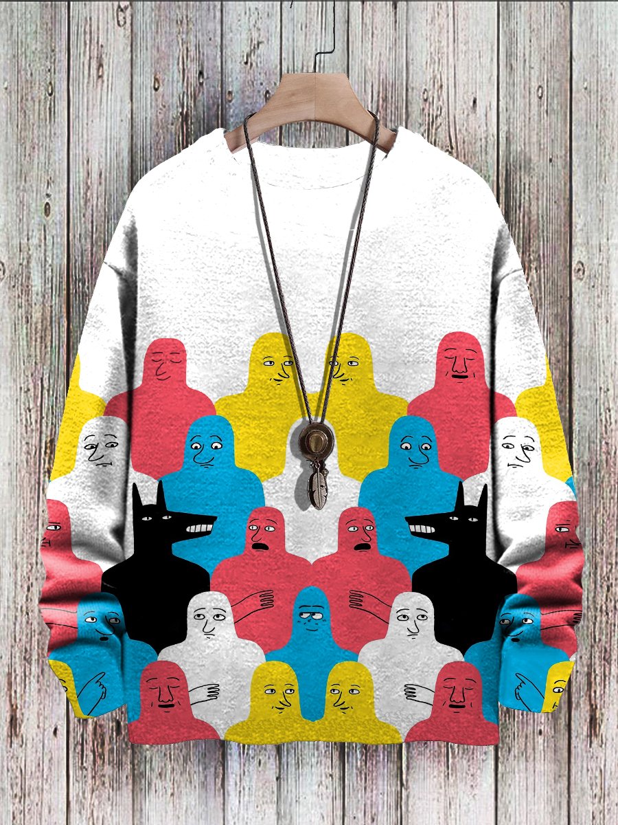 Trendy Abstract Art 3D Fun Lone Wolf Cartoon Print Pullover Knit Print Casual Sweatshirt Sweater