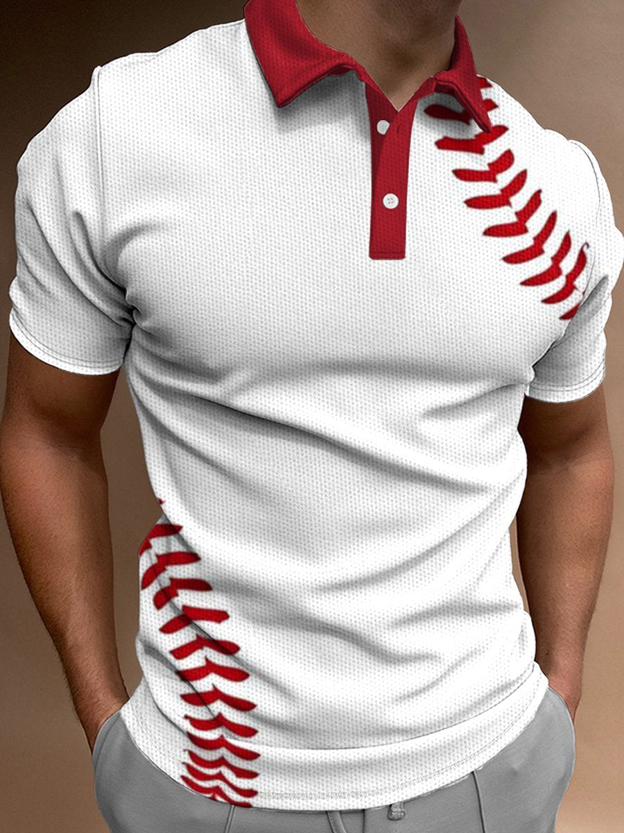 Casual Baseball Print Lapel Short Sleeve Polo Shirt