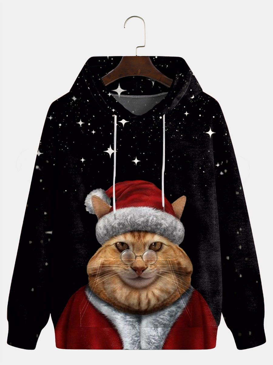 Men's Hoodie Fun Christmas Cat Print Casual Hoodie