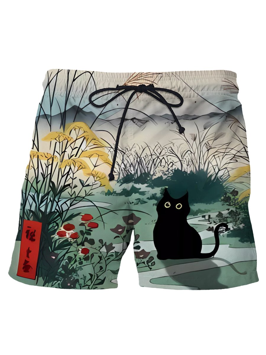 Men's Hawaiian Shorts Ukiyo-e Cat Print Casual Beach Shorts