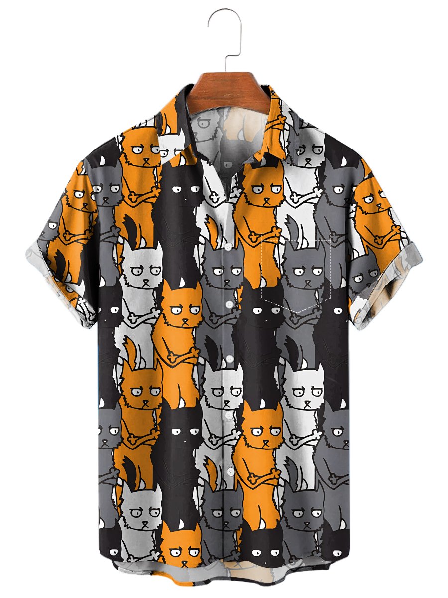 Men's Hawaiian Shirts Social Cats Chest Pocket Short Sleeve Shirt