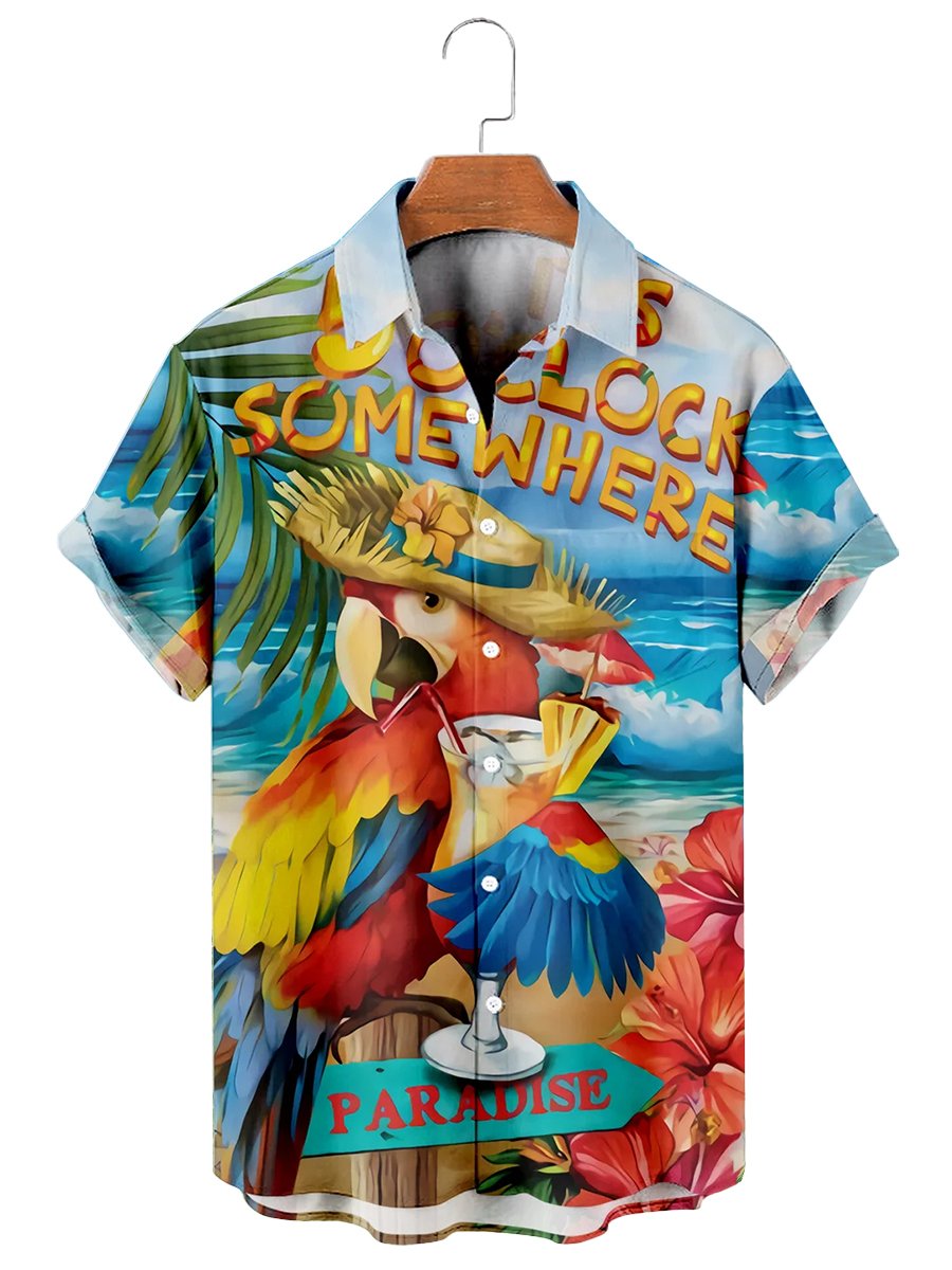 It's 5 O'clock Somewhere Parrot And Cocktail Men's Aloha Shirt
