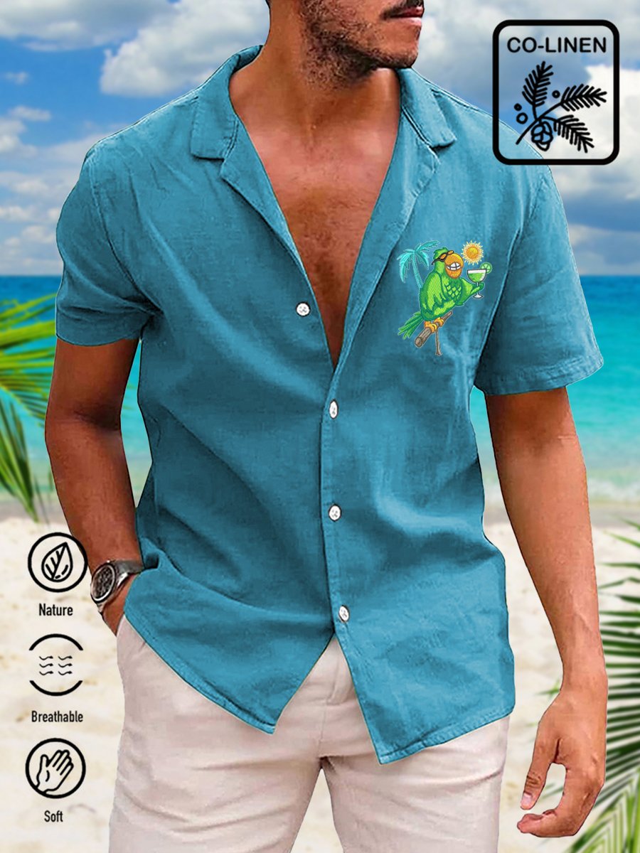 Men's Cotton-Linen Shirt Casual Multicolor Parrot Glass Print ...