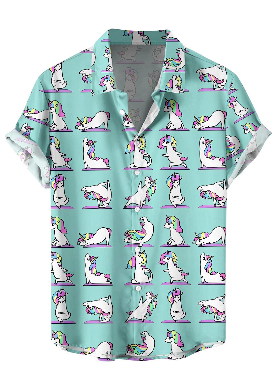 Men's Hawaiian Shirts Unicorns Yoga Print Short Sleeve Shirt