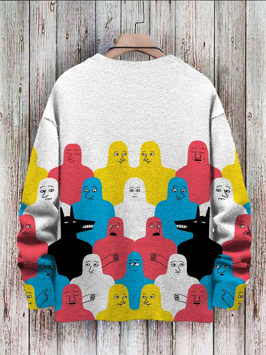 Trendy Abstract Art 3D Fun Lone Wolf Cartoon Print Pullover Knit Print Casual Sweatshirt Sweater