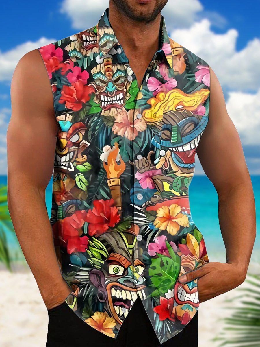 Men's Hawaiian Shirts Tiki Mask Print Sleeveless Shirts