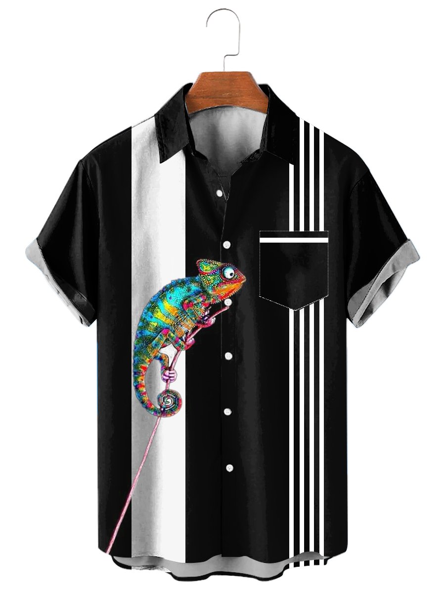Men's Hawaiian Shirts Funny Colorful Chameleon Print Bowling Style Aloha Short-Sleeved Shirt