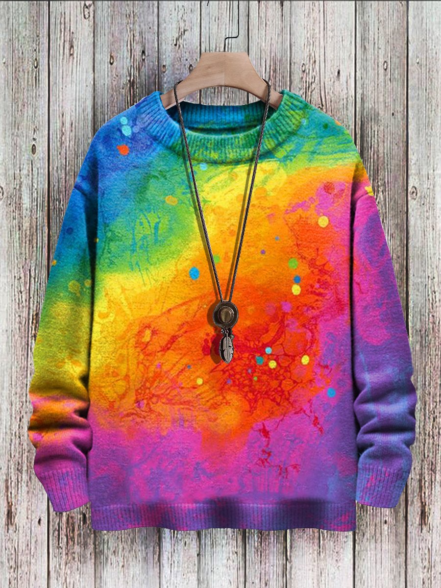 Men's Sweater Vintage Rainbow Art Print Casual Knit Pullover Sweater