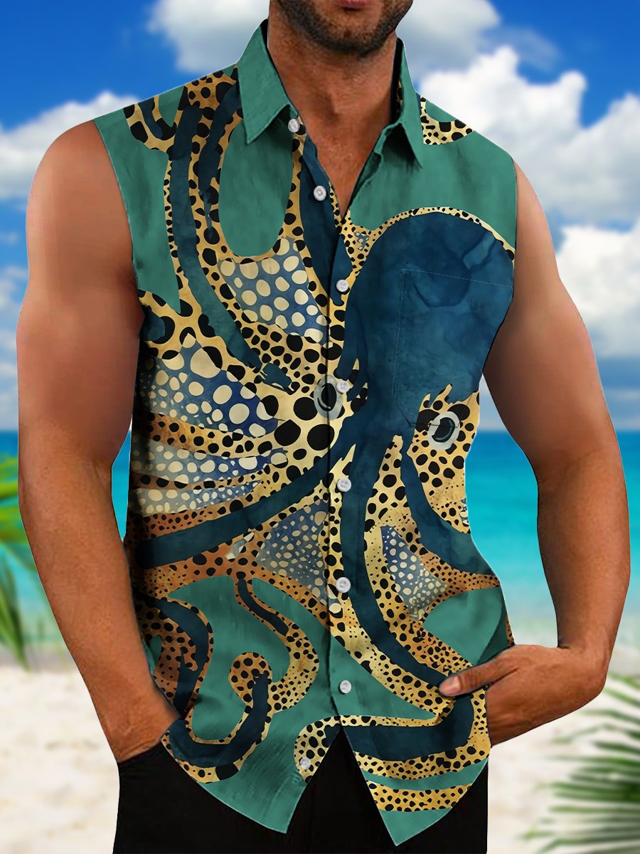 Men's Hawaiian Shirts Ink Ocean Octopus Art Easy Care Sleeveless Shirts