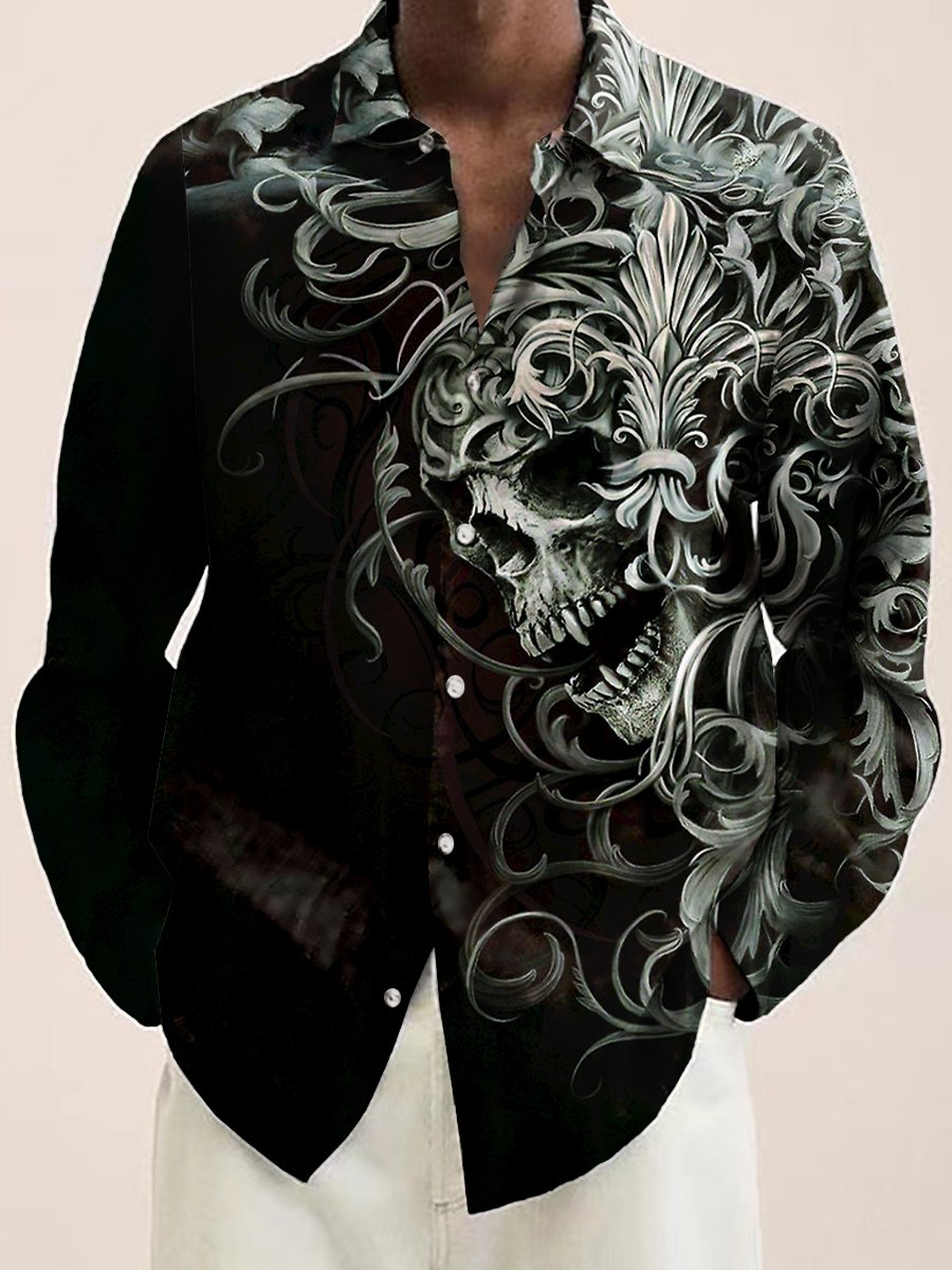 Men's Casual Shirt Vintage Skull Print Button Down Long Sleeve Shirt