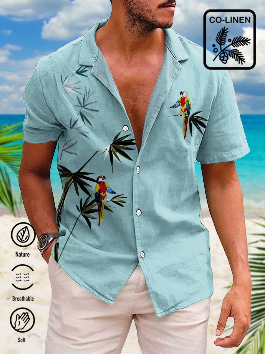Men's Cotton-Linen Shirt Hawaiian Parrot Print Breathable Plus Size Shirts