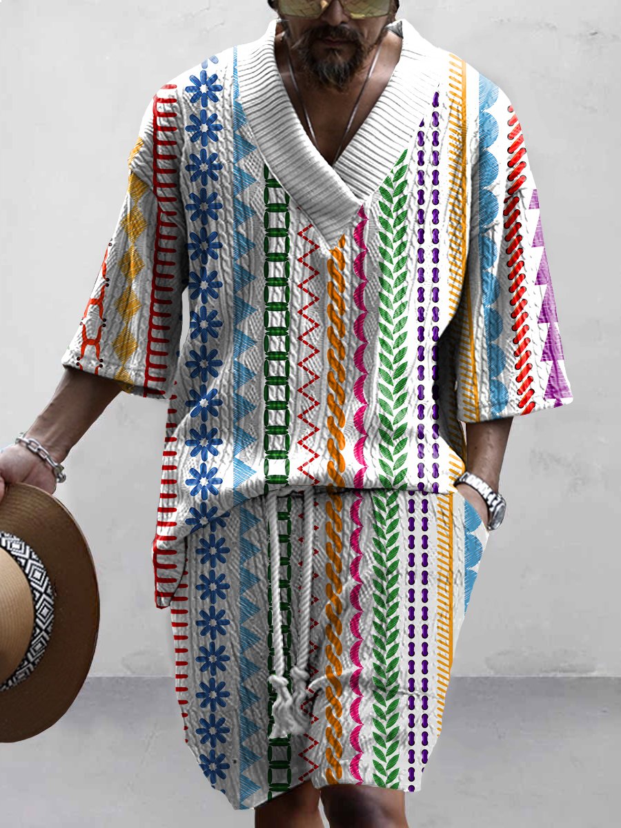 Men's Set Rainbow Stripes Art Casual Print Stylish Knit Shirt Set