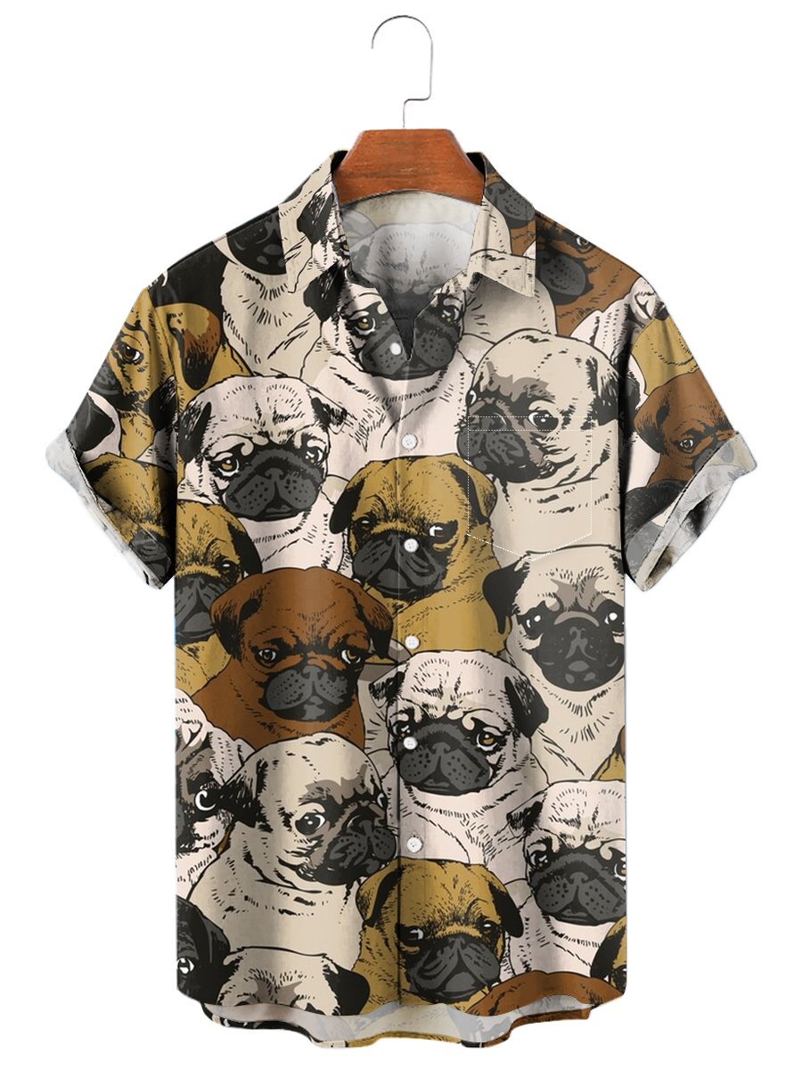 Men's Hawaiian Shirts Social Pugs Chest Pocket Short Sleeve Shirt