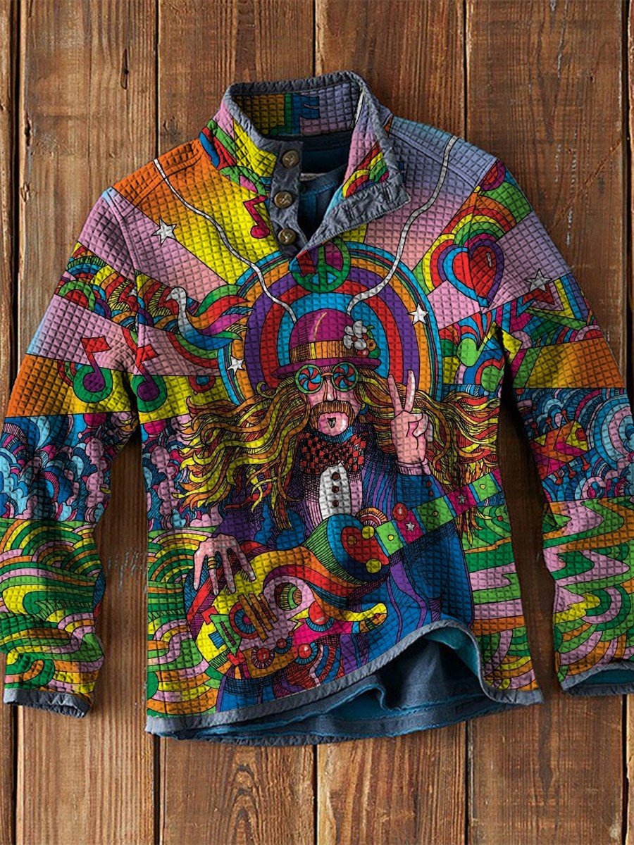 Men's Waffle Vintage Colorful Hippie Music Peace And Love Print Long Sleeves Casual Fashion Top
