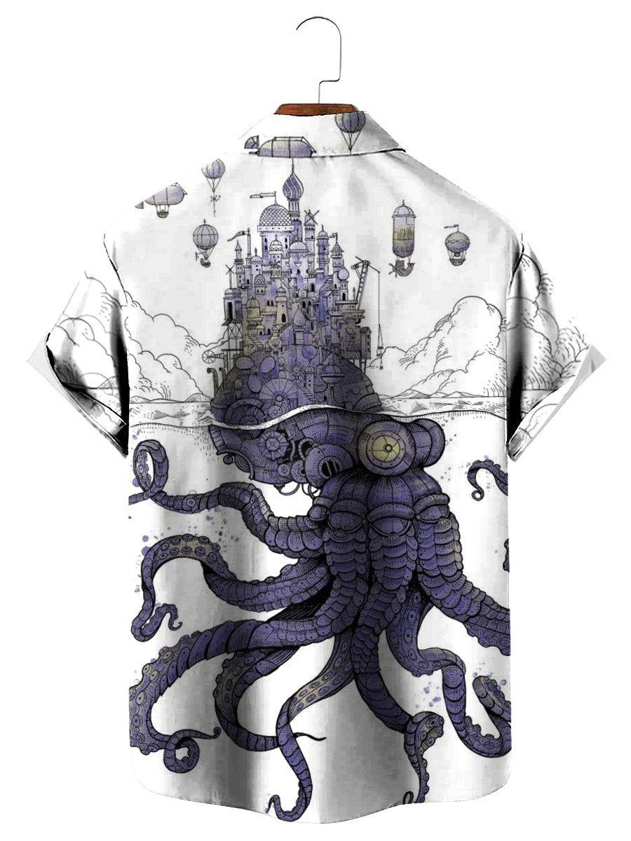 Vintage Nautical Octopus Boat Print Short Sleeve Hawaiian Shirt