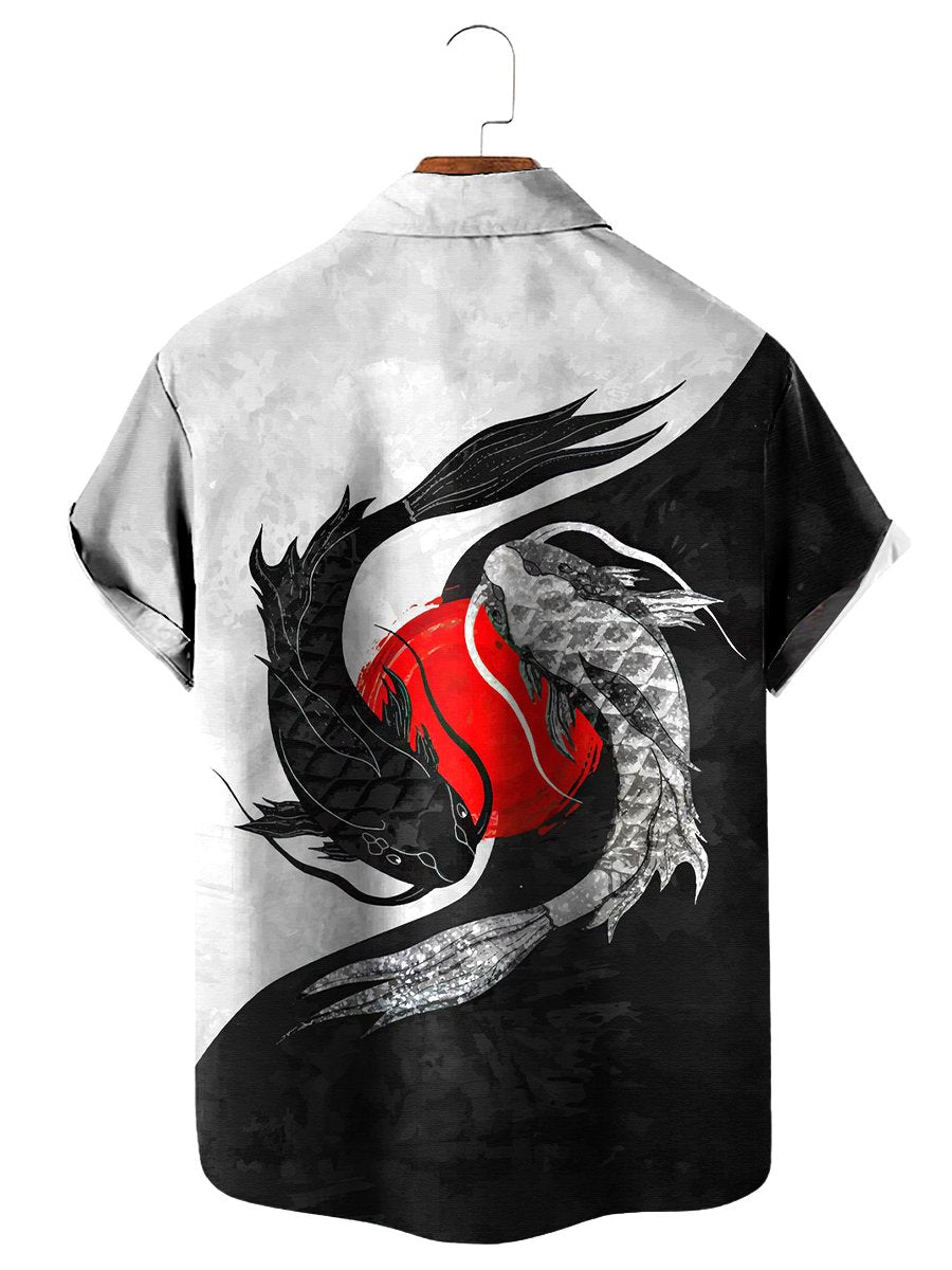 Vintage Hawaiian Shirts Yin And Yang Koi Carp Print Chest Pocket Easy Care Aloha Shirts