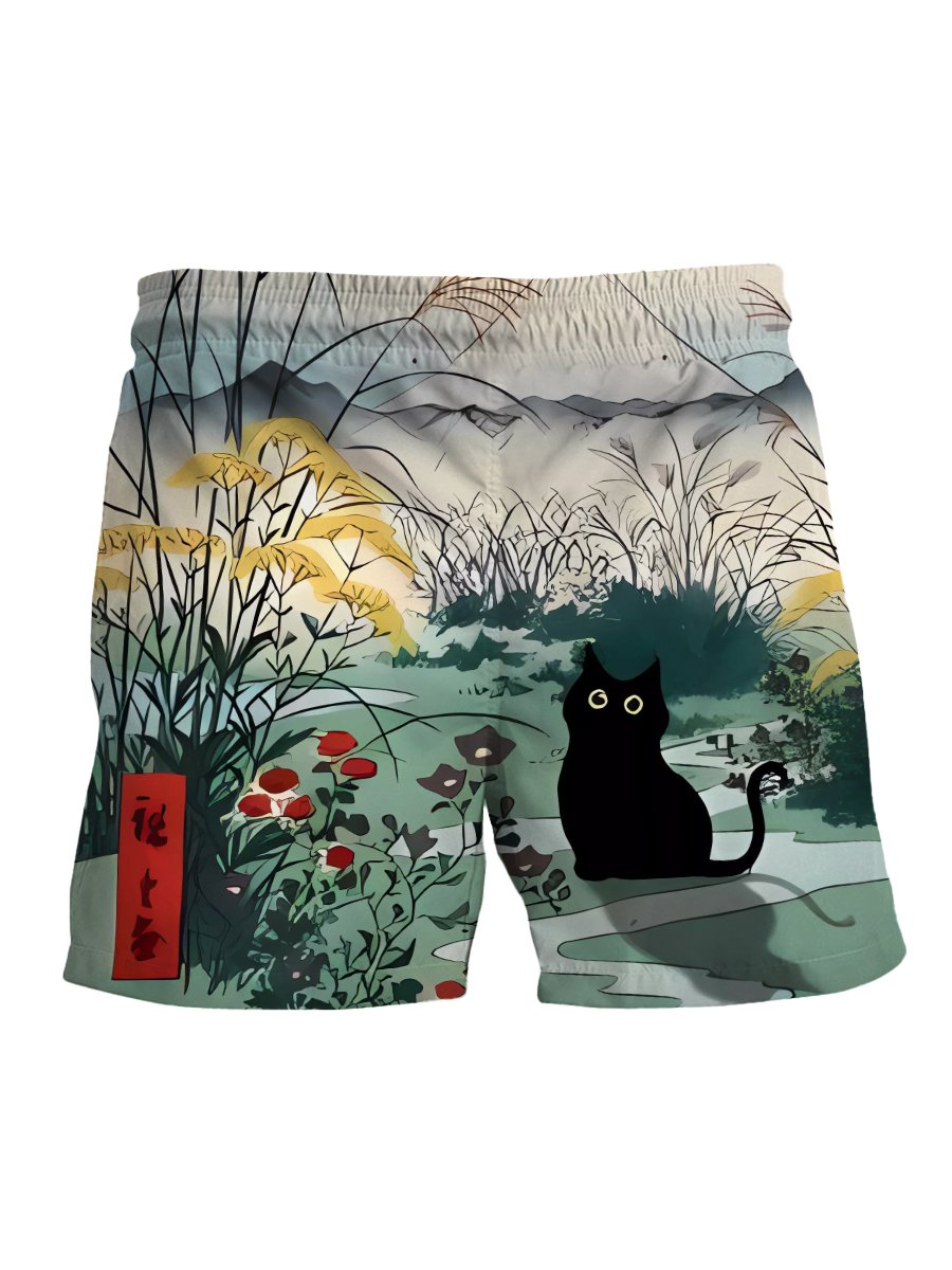 Men's Hawaiian Shorts Ukiyo-e Cat Print Casual Beach Shorts