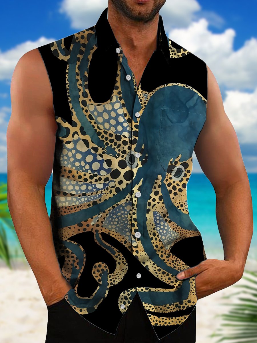 Men's Hawaiian Shirts Ink Ocean Octopus Art Easy Care Sleeveless Shirts