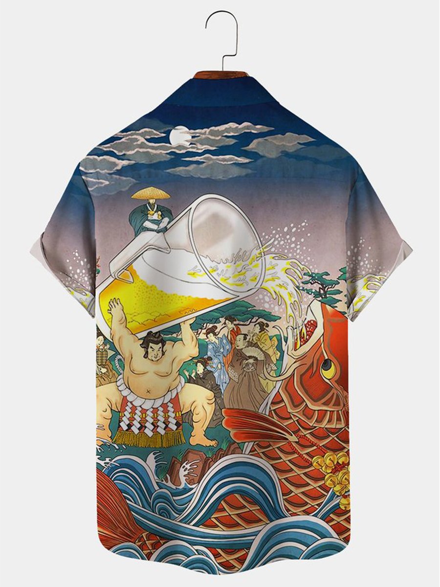 Japanese Beer Print Breast Pocket Hawaiian Shirt Plus Size Vacation Wrinkle Free Shirt