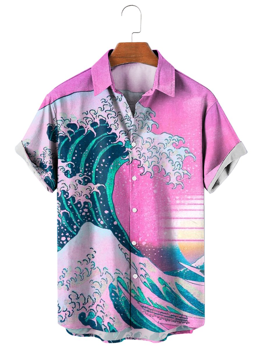 Men's Hawaiian Shirts Japanese Style Kanagawa Wave Ukiyo-e Print Chest Pocket Short Sleeve Shirt