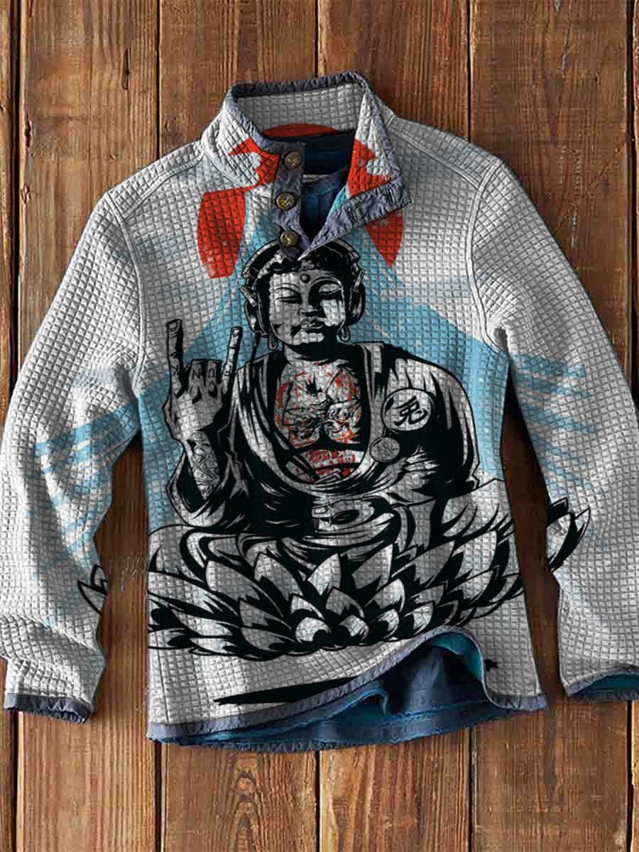 Men's Waffle Mount Fuji and Chinese Buddha Print Long Sleeve Casual Fashion Top